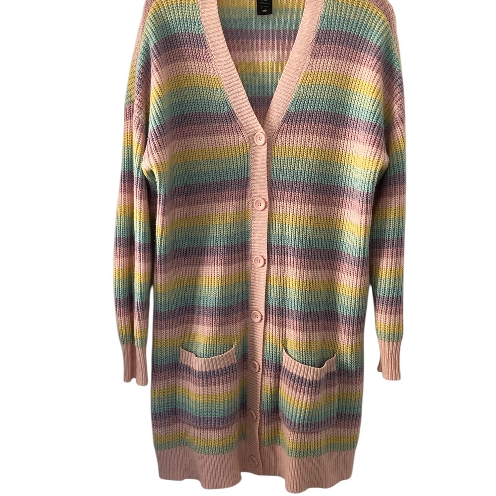 Hot Topic Pastel Striped Longline Knit Pastel Rainbow Cardigan Cozy Y2K Size M